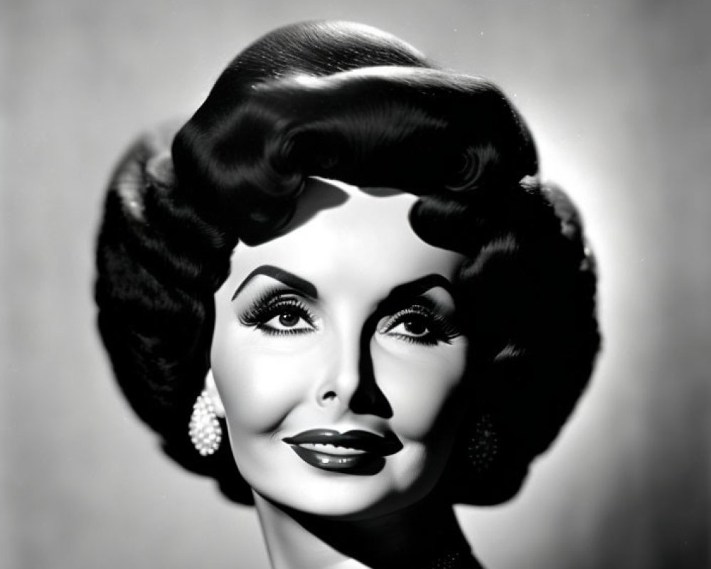 Classic Vintage Black and White Portrait of Woman with Glamorous Makeup and Elegant Jewelry