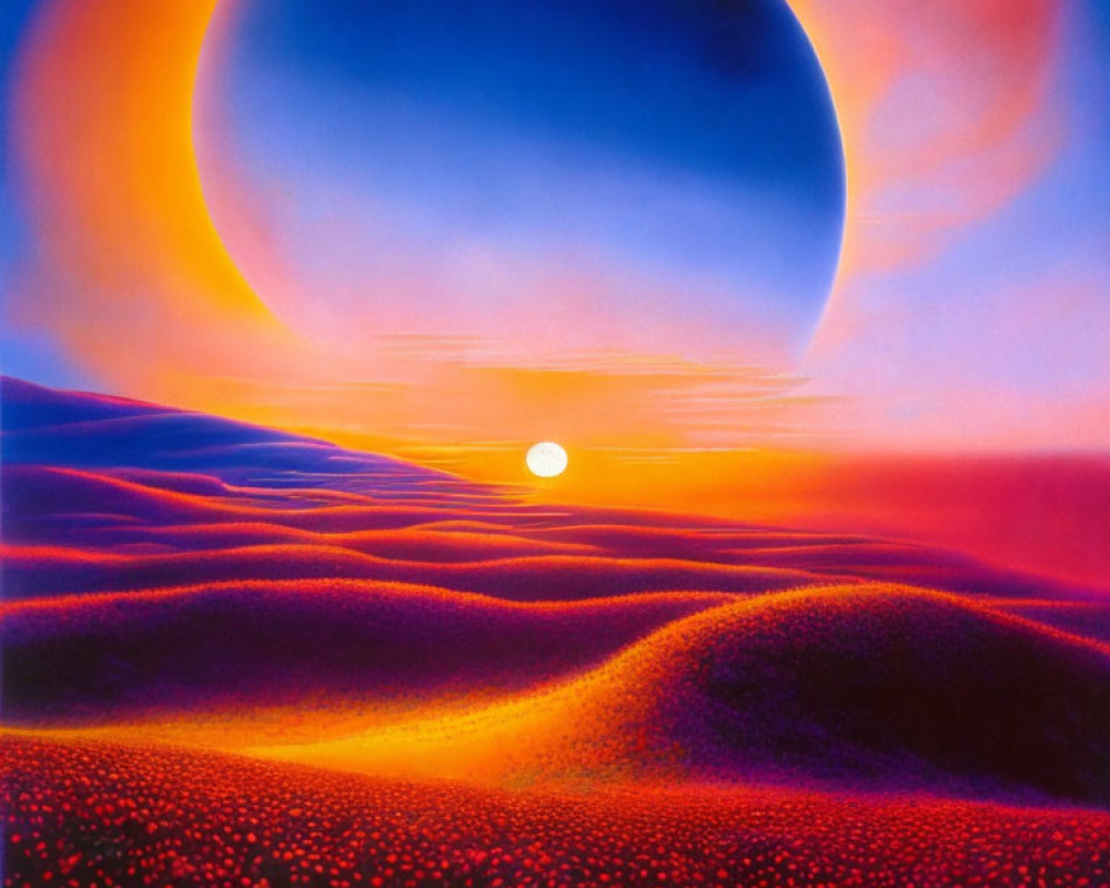 Surreal landscape with large moon over rolling dunes under gradient sky