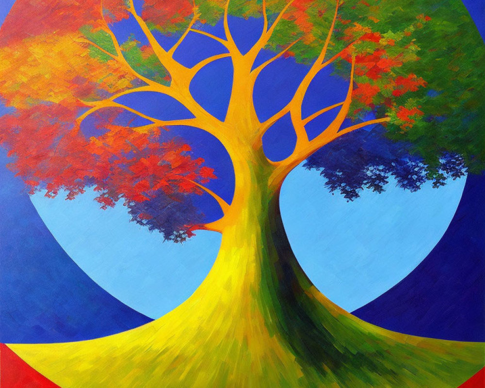Colorful tree painting with geometric background.