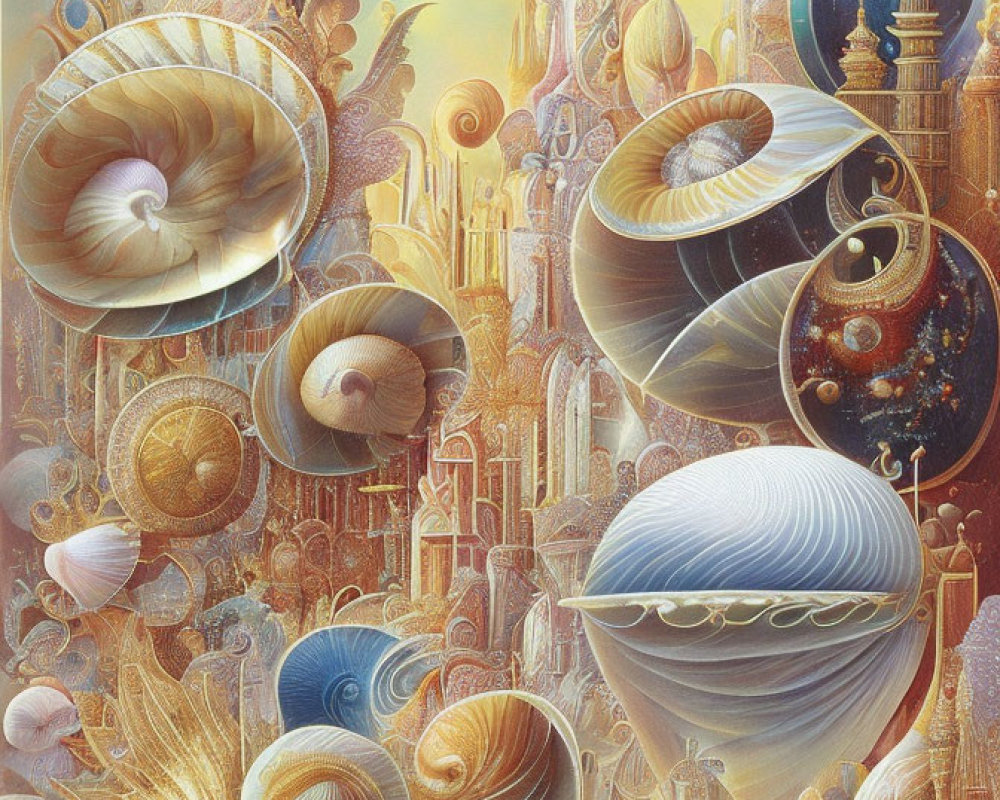 Ornate shells, celestial bodies, and spire-like structures in a fantastical scene