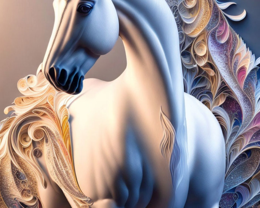Stylized digital artwork: White horse with ornate mane, gold and purple accents