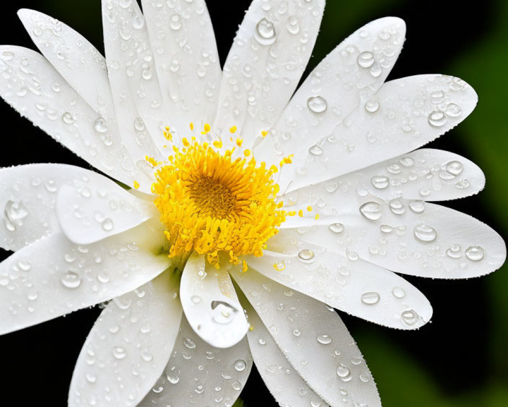 White daisy with yellow center and water droplets on petals against dark green background