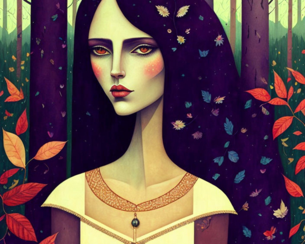 Illustrated portrait of pale woman in colorful forest with vibrant leaves and butterflies