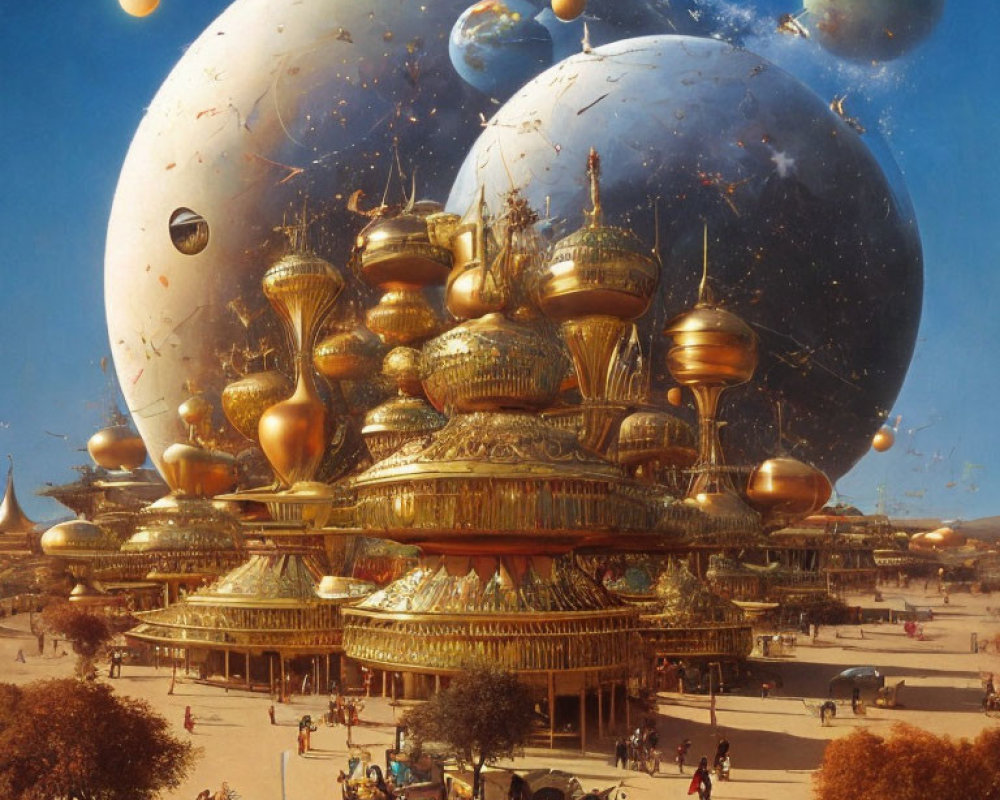 Fantastical city with golden domed buildings and giant planets in the sky