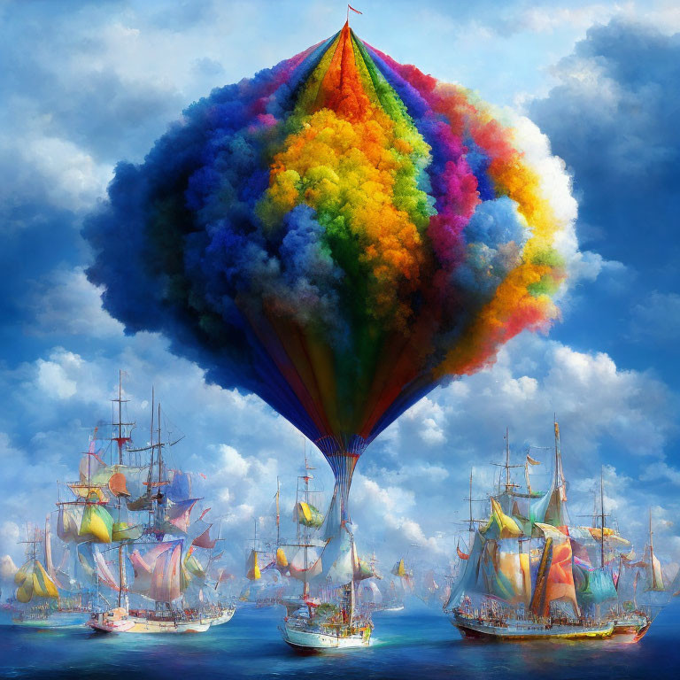 Colorful hot air balloon floats above tall ships on calm sea