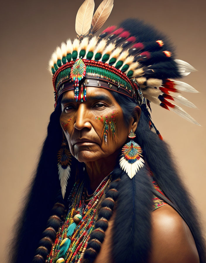 Indigenous man with feathered headdress and face paint gazes sideways