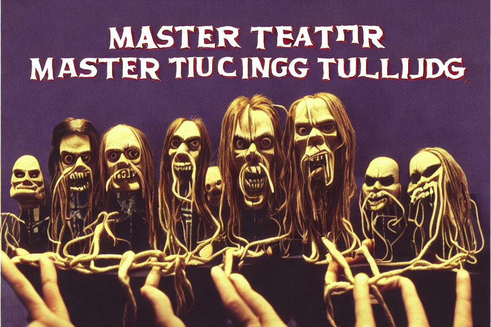 Group of people with skeletal makeup and long hair in theatrical pose on purple backdrop.