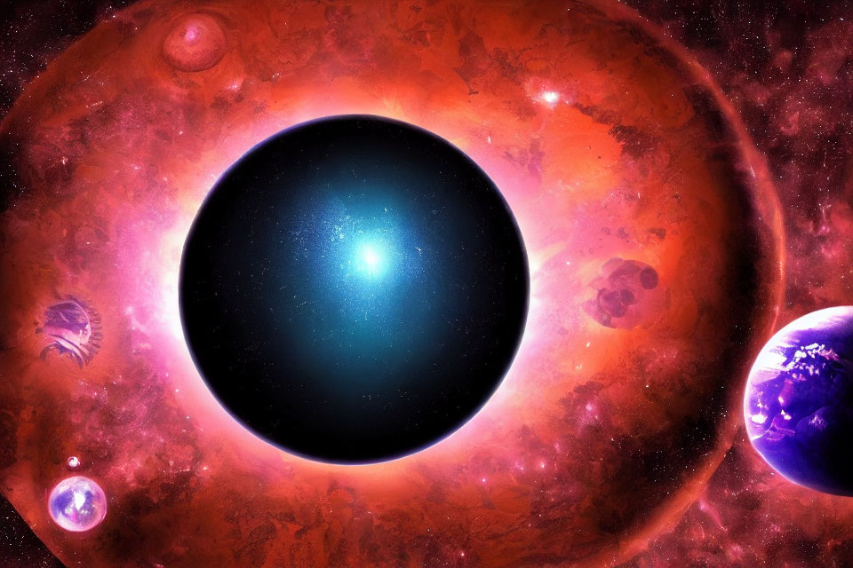 Colorful cosmic scene featuring black hole, red accretion disk, and Earth-like planet