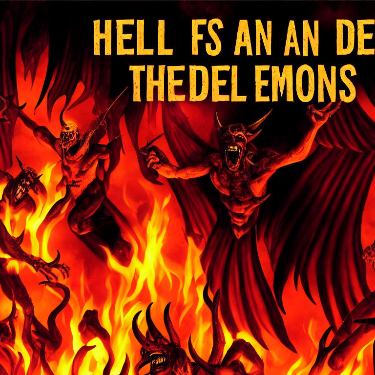 Dark fantasy illustration: Fiery hell with winged demons and obscured text
