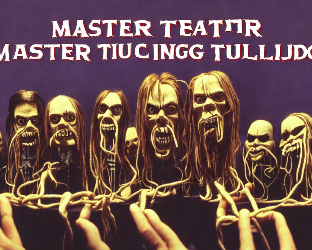 Group of people with skeletal makeup and long hair in theatrical pose on purple backdrop.