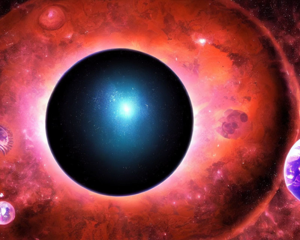 Colorful cosmic scene featuring black hole, red accretion disk, and Earth-like planet