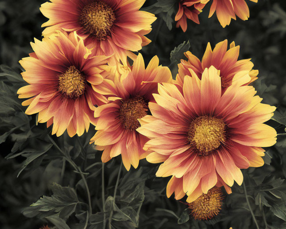Colorful Orange and Yellow Flowers with Dark Green Foliage