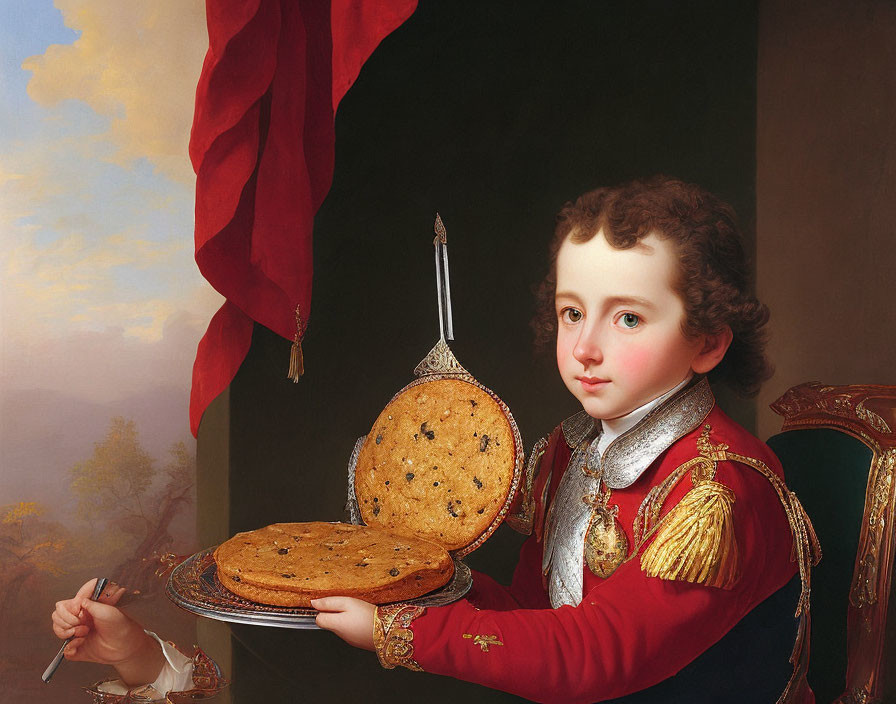 Young boy in red military-style jacket holding giant cookie on plate with draped red curtain backdrop.