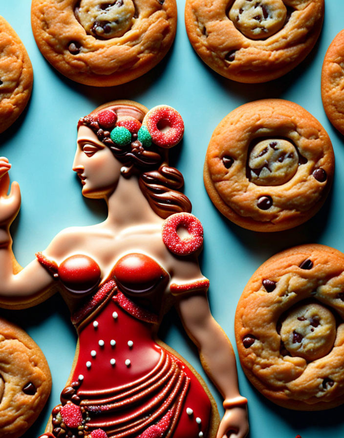 Stylized figure with cookie elements on teal background