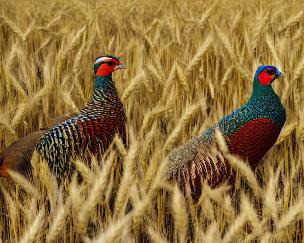 Vibrant pheasants in golden wheat field