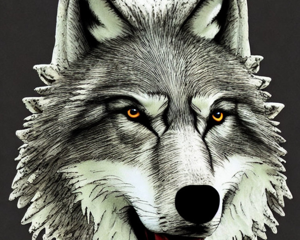 Grey wolf portrait with orange eyes and open mouth on dark background