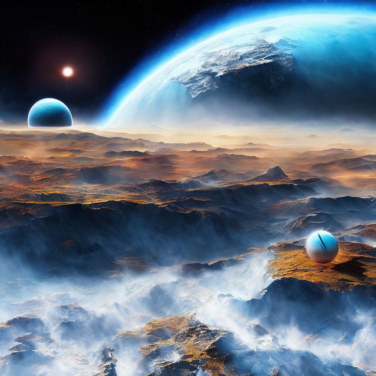 Surreal space landscape with Earth-like planet, moons, sun, rocky terrain