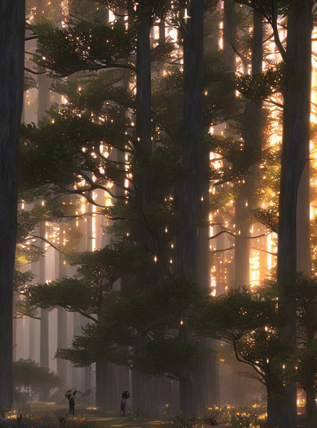 Forest scene: Sunlight, mist, trees, and two people walking.
