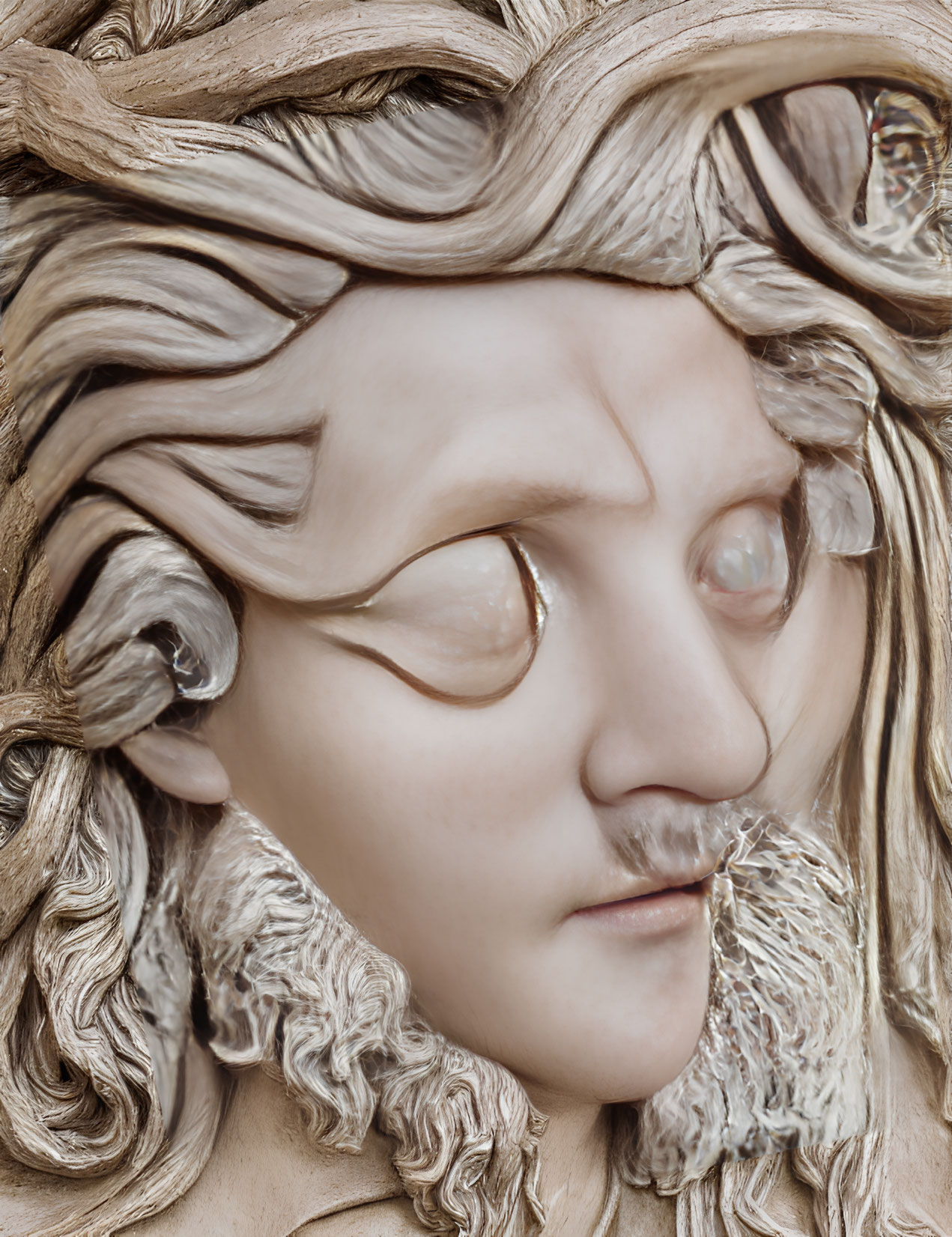 Detailed sculpture of face with wavy hair, beard, and mustache in stone texture