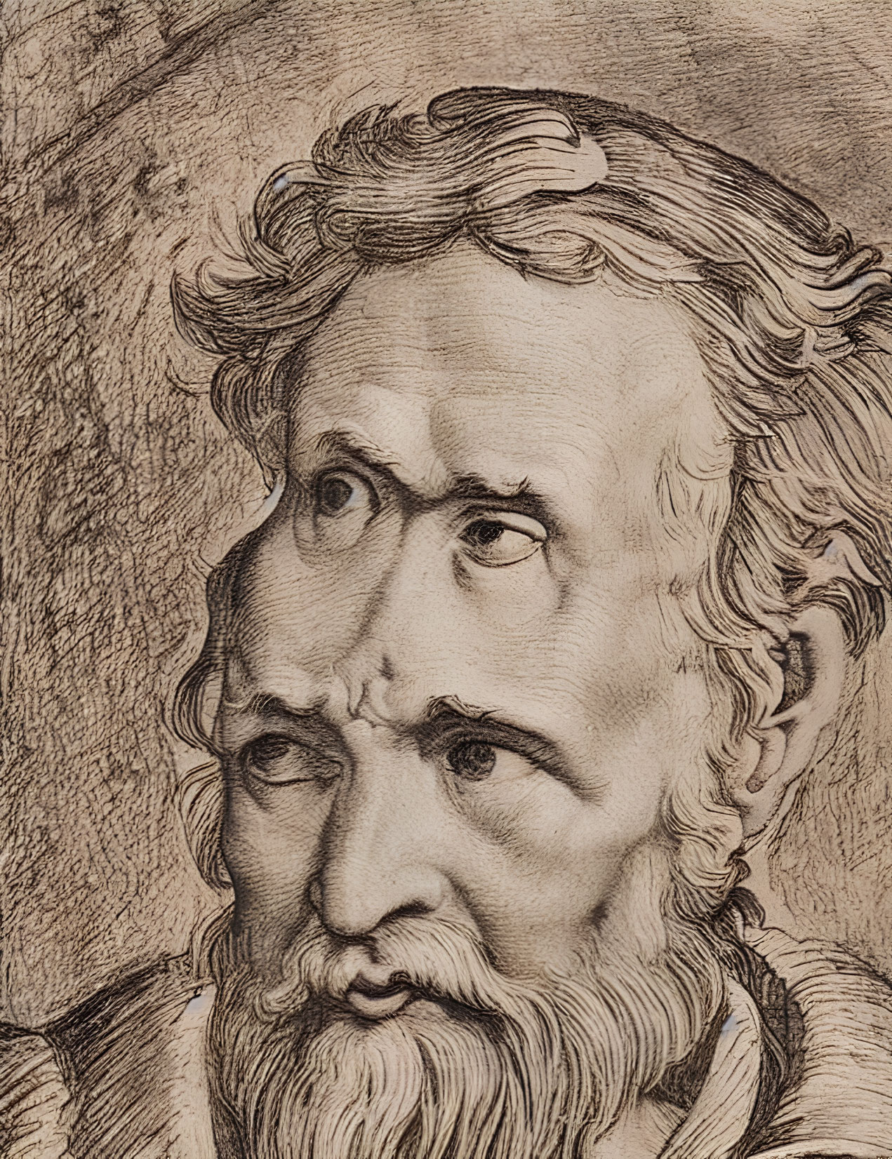 Detailed Sketch of Older Man with Beard and Intense Gaze