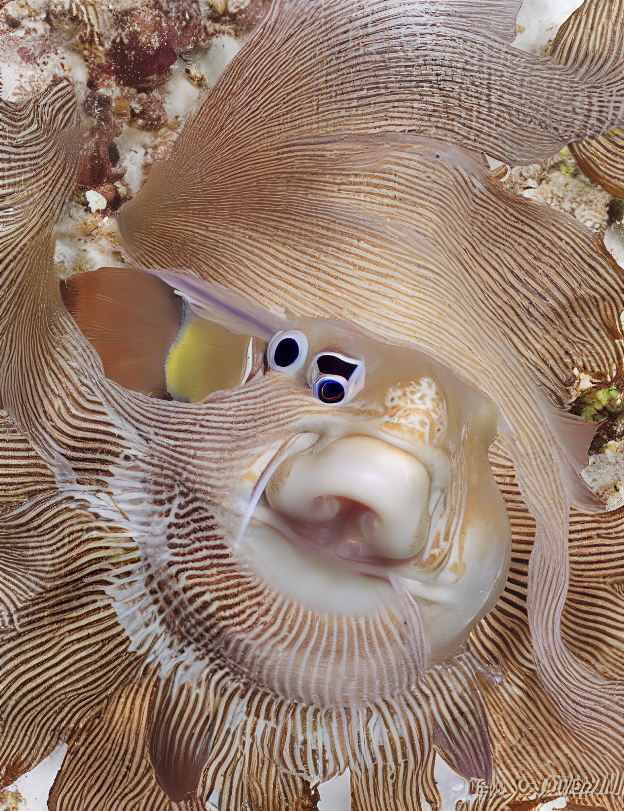 Porcelain Crab with Patterned Appendages on Sea Anemone Underwater