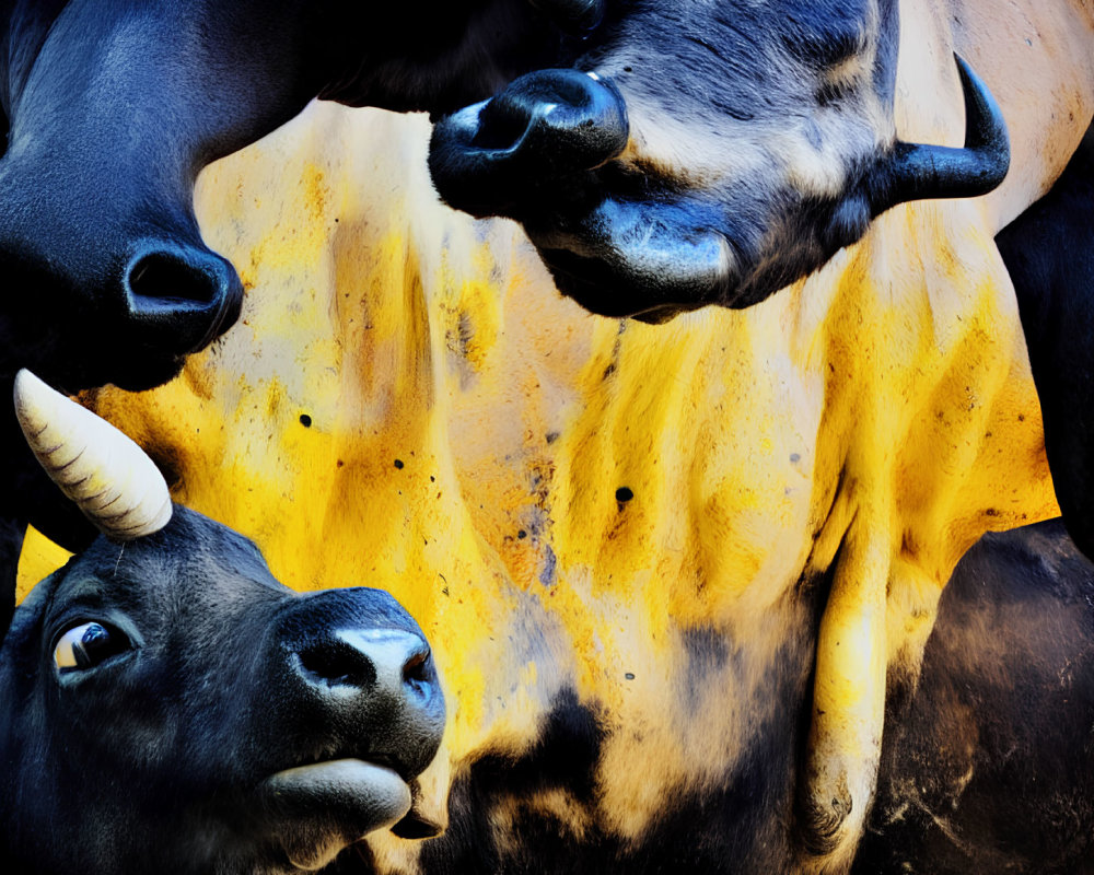 Two dark cows with horns in close-up on vibrant background