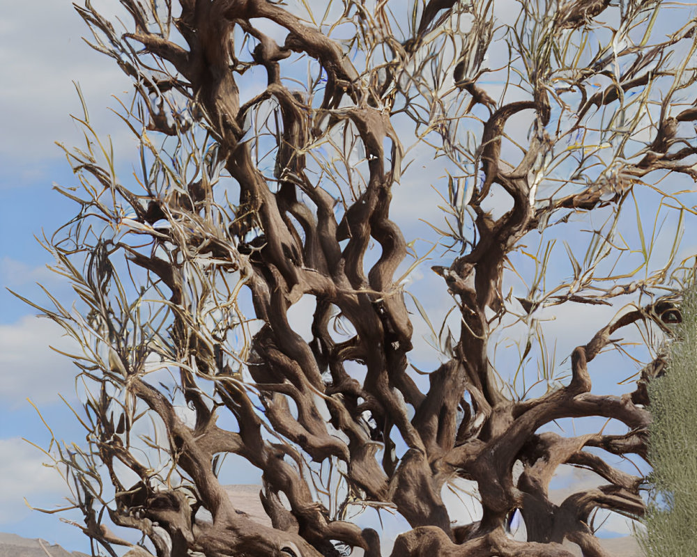 Twisted gnarled tree with dense branches in desert landscape