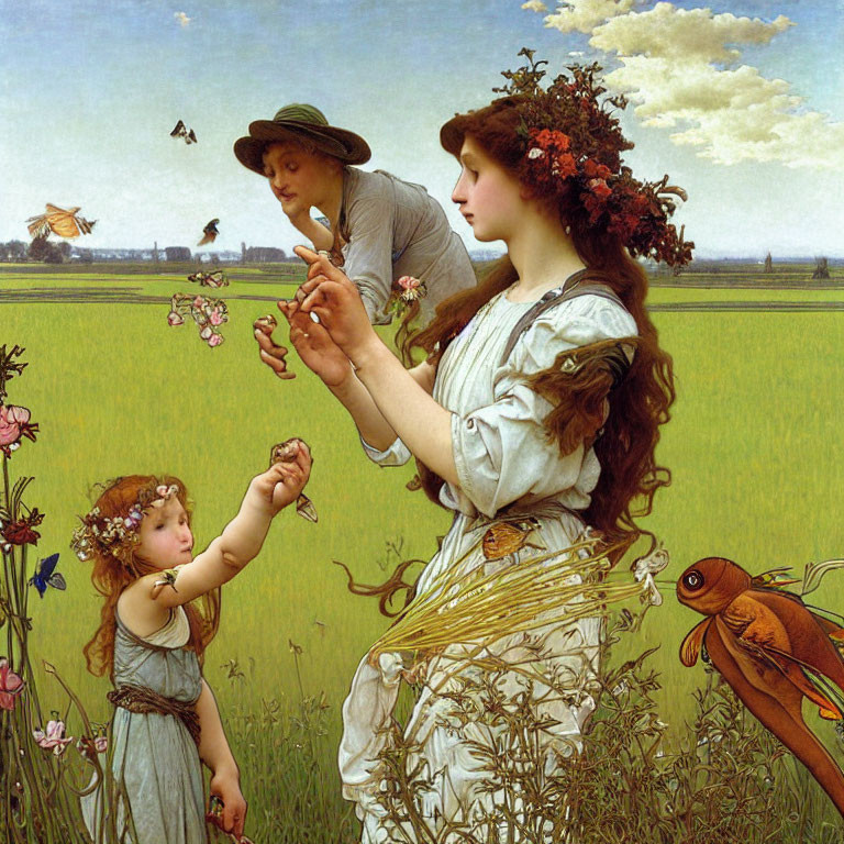 Woman, child, man, bird in pastoral scene under blue sky