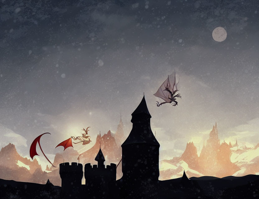 Dragons flying over castle silhouette in mystical dusk scene