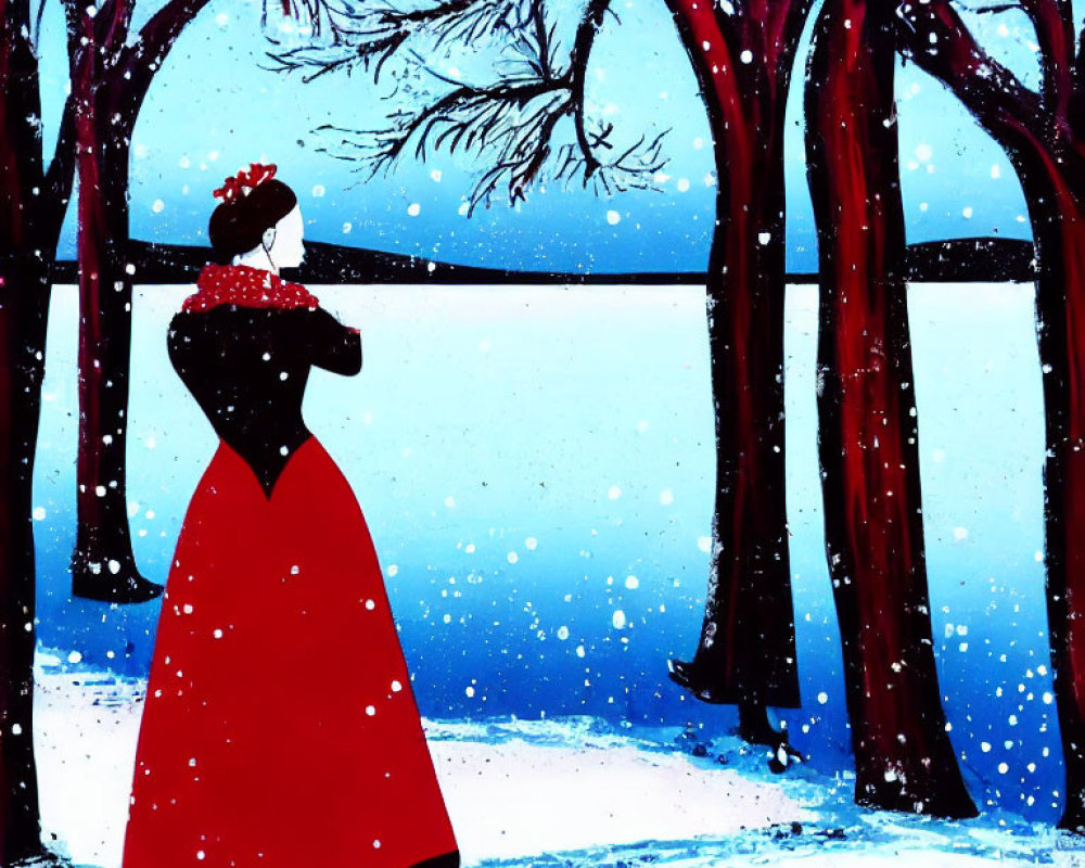Figure in Red Cloak and White Bonnet Contemplating in Snowy Twilight Forest