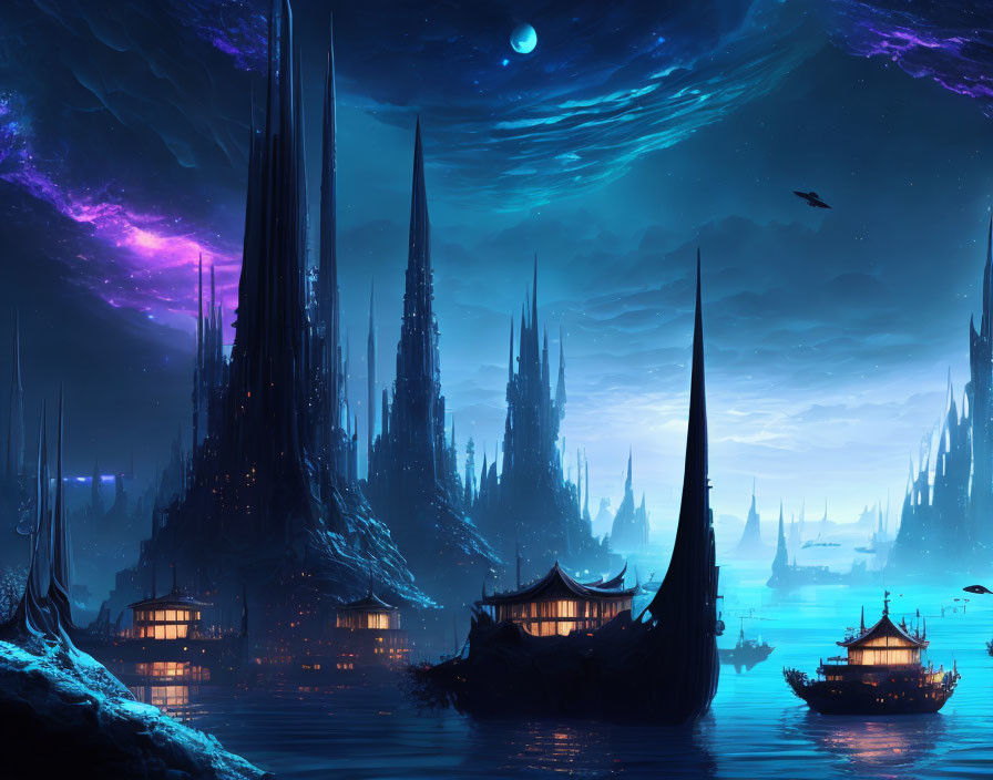 Mystical nighttime landscape with towering spires and illuminated structures under a celestial sky.