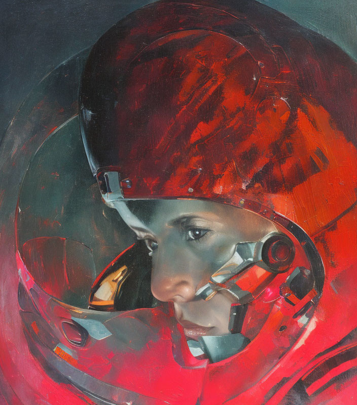 Close-up painting of person in red space helmet with reflective visor.