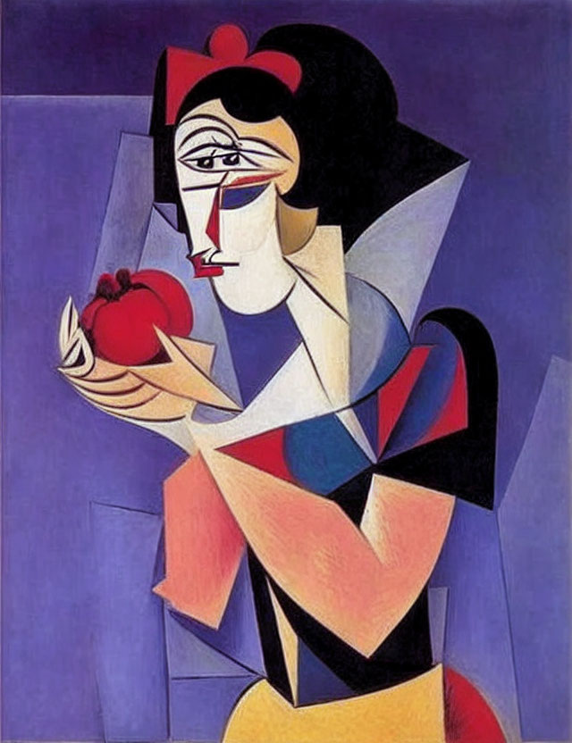 Cubist painting of a woman with red flower and fruit bowl