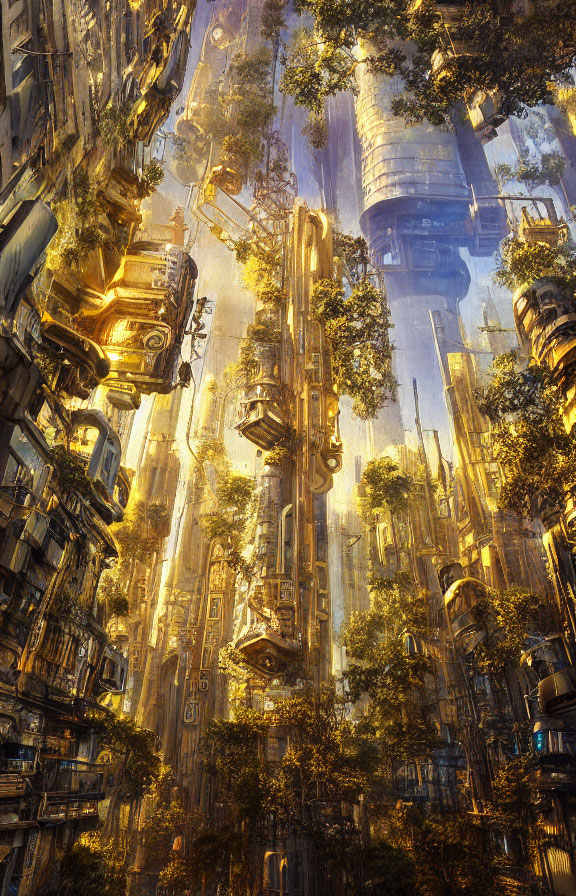 Futuristic vertical cityscape bathed in golden light