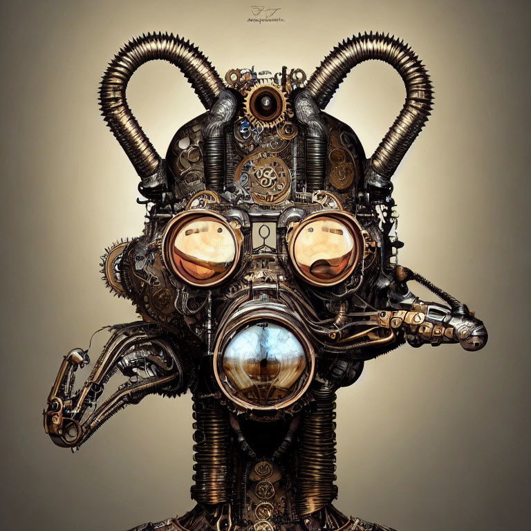 Intricate Steampunk Robotic Head with Gears, Pipes, Goggles, and Horn