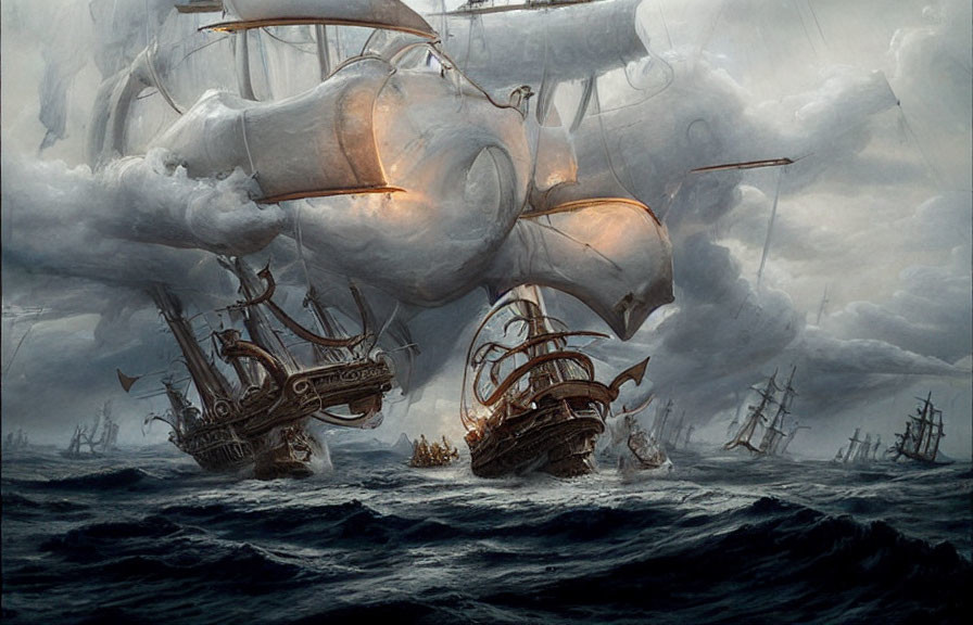 Historic naval battle scene with tall ships in stormy seas