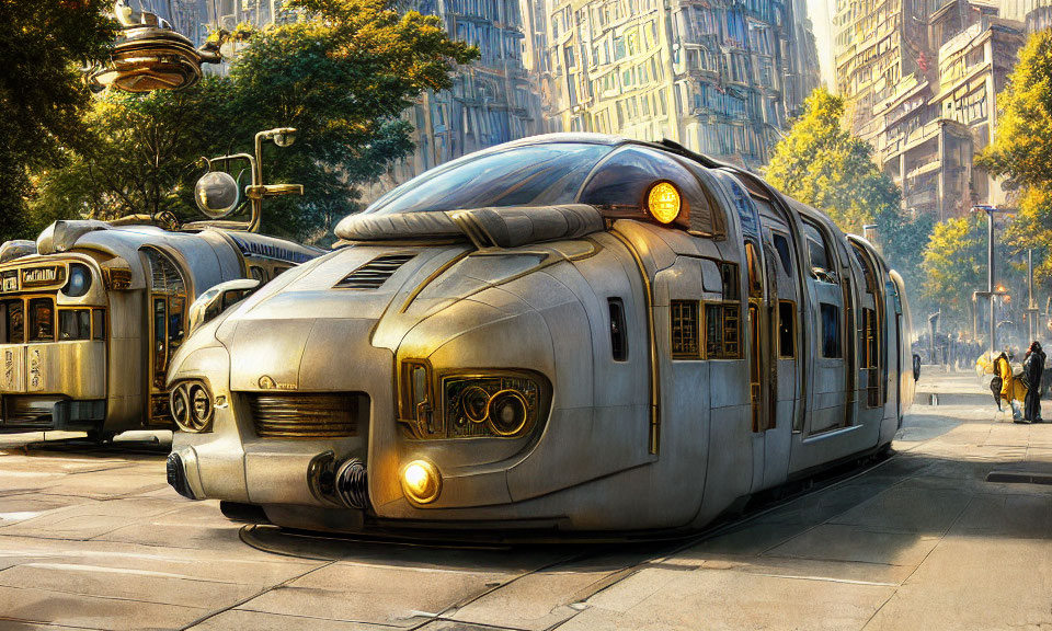 Silver retro-futuristic trams on sunlit city street with rounded designs.