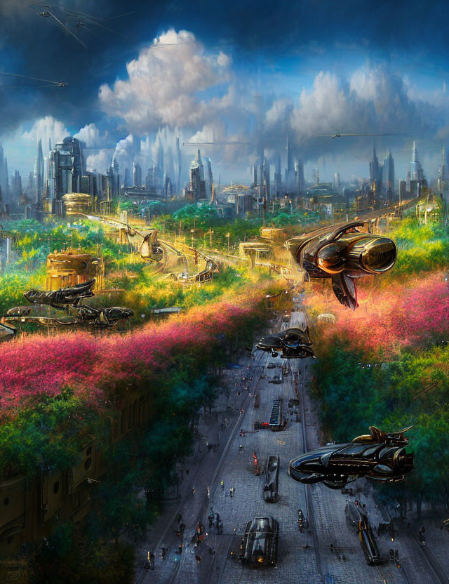 Futuristic cityscape with flying vehicles and skyscrapers under dynamic sky
