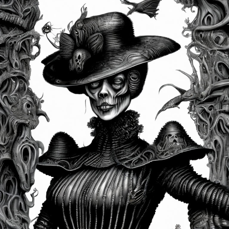 Monochrome skeletal figure in Victorian attire with wide-brimmed hat and rose, surrounded by abstract swirl