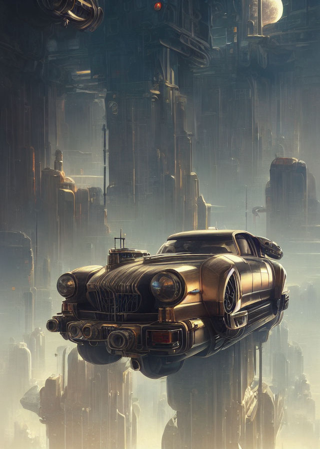 Intricately detailed retro-futuristic flying car in golden-lit cityscape