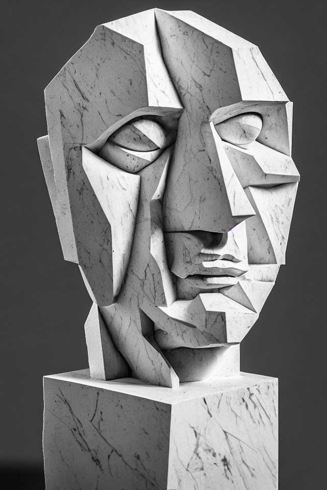 Geometric Abstract Marble Human Face Sculpture on Pedestal