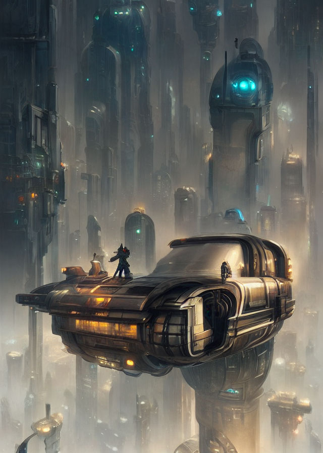 Futuristic cityscape with misty skyscrapers and character on hovering spaceship