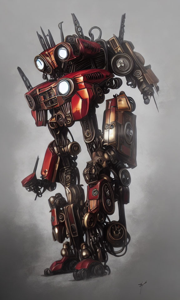 Giant Red and Silver Robot Made of Car Parts with Circular Headlights
