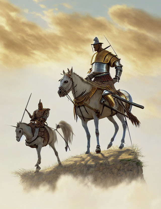 Medieval knights on horseback on grassy cliff under cloudy sky