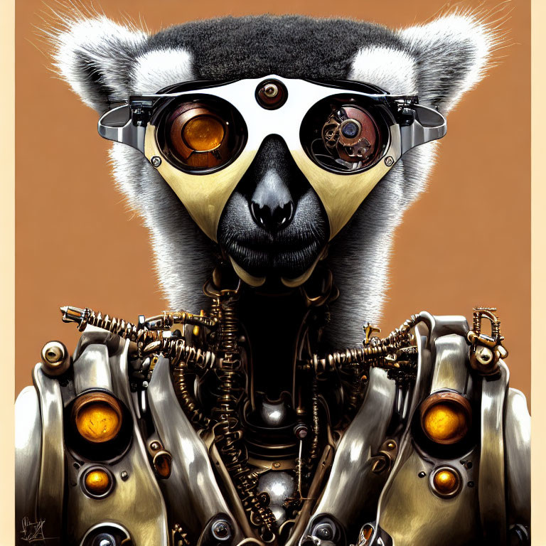 Steampunk-inspired lemur with mechanical body parts and goggles on warm-toned background