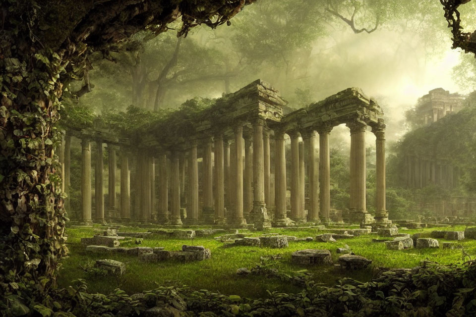 Towering columns in misty forested ruins surrounded by lush greenery
