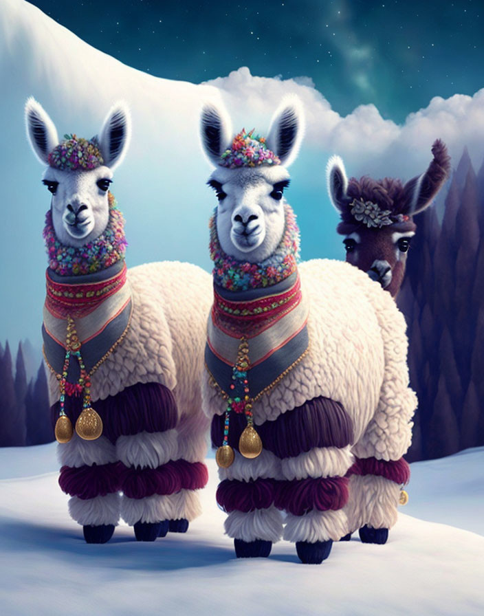 Colorful Cartoon Llamas in Snowy Mountain Scene