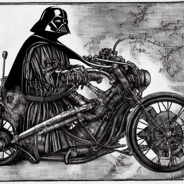 Character resembling Darth Vader on vintage motorcycle in high-contrast black and white