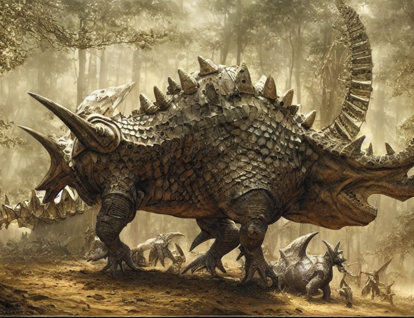 Armored dinosaur with frilled head in prehistoric forest scene