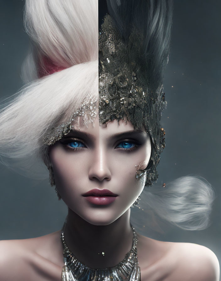 Striking split-face makeup with contrasting colors and jeweled headpiece showcasing intense gaze and vibrant blue eyes
